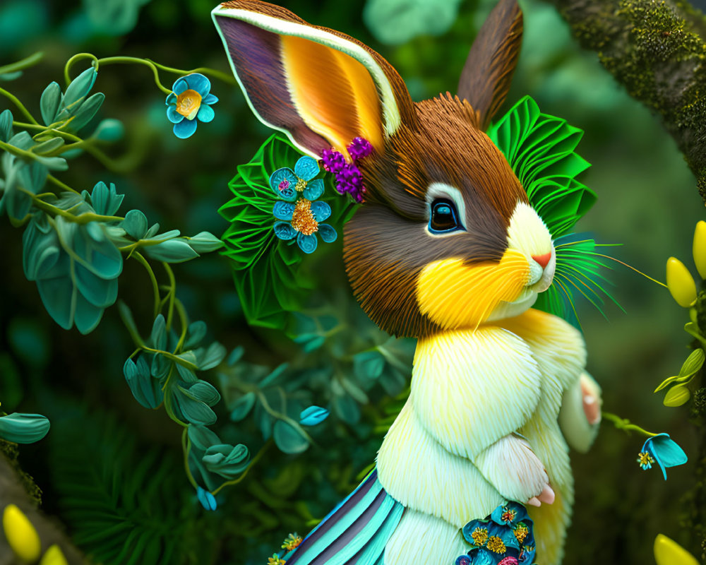 Illustration of a rabbit in floral outfit in lush green setting