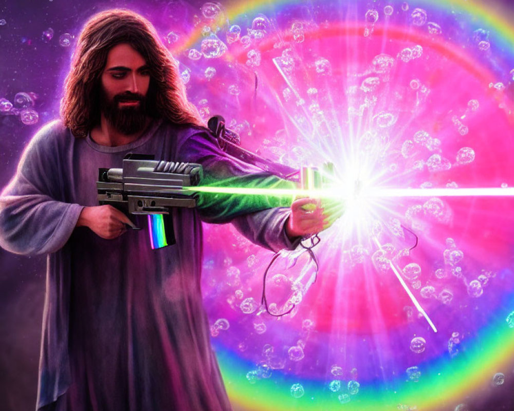 Long-haired person in robes wields futuristic gun in colorful, psychedelic setting