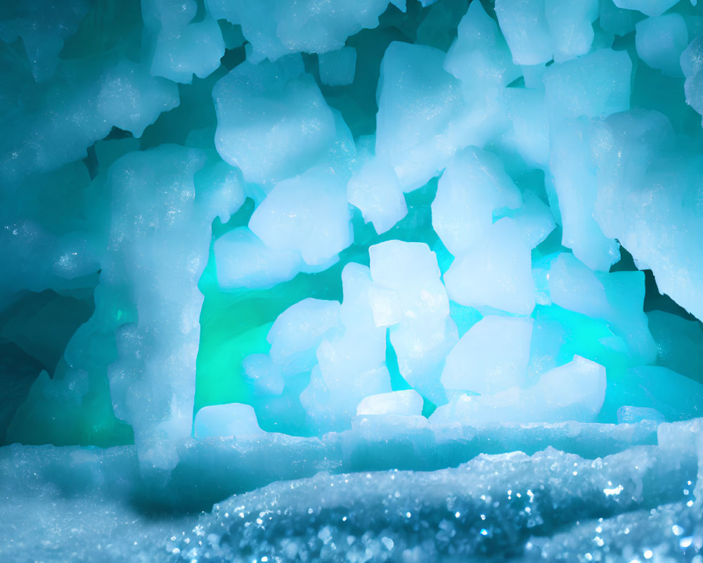 Turquoise Glow in Icy Cave with Crystalline Ice Formations