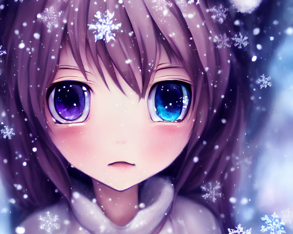 Detailed Anime Girl Illustration with Large Purple Eyes in Snowy Scene