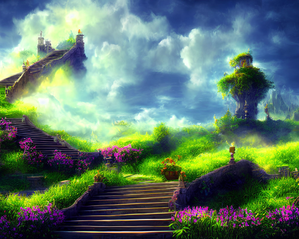 Fantasy landscape with stone staircase, castle, lush hill, greenery, flowers, dramatic sky