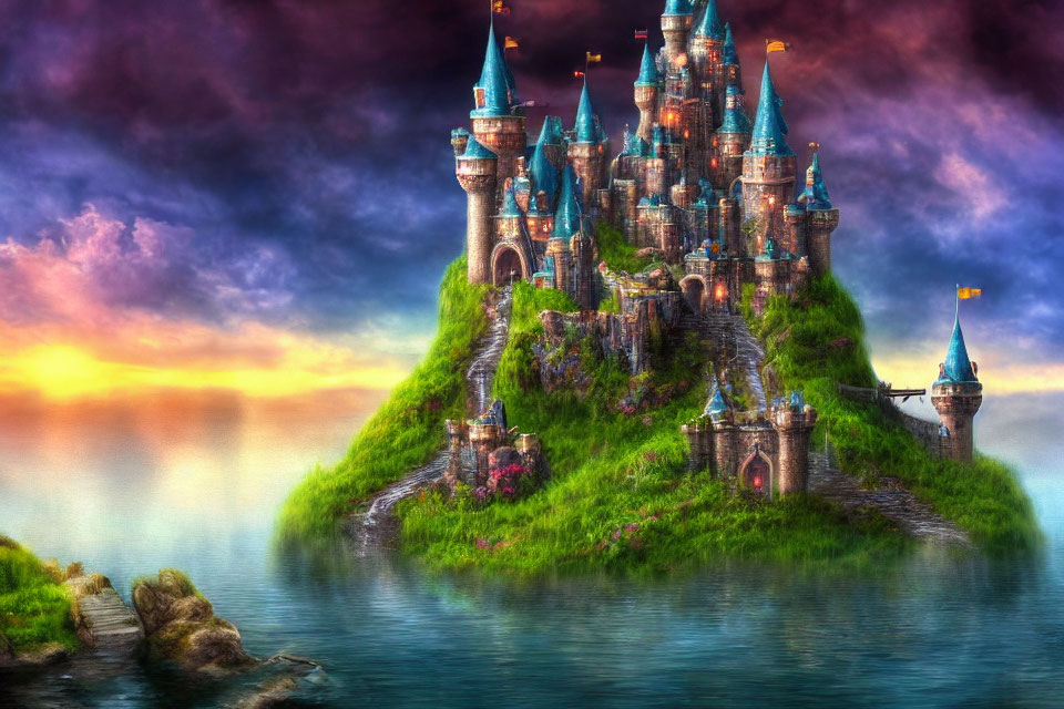 Majestic fantasy castle on green hill by vibrant sunset waterscape