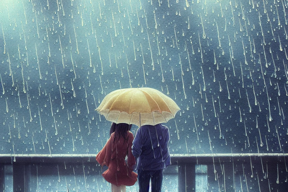Two individuals under a yellow umbrella on a bridge during rain