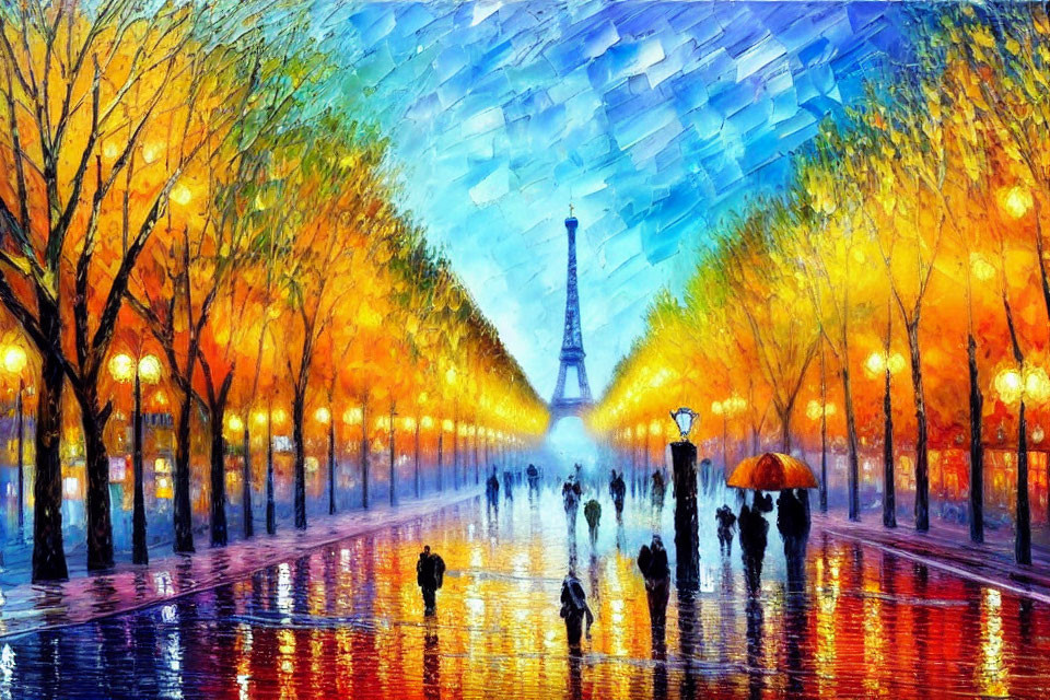 Impressionistic painting of bustling avenue with Eiffel Tower and autumn trees
