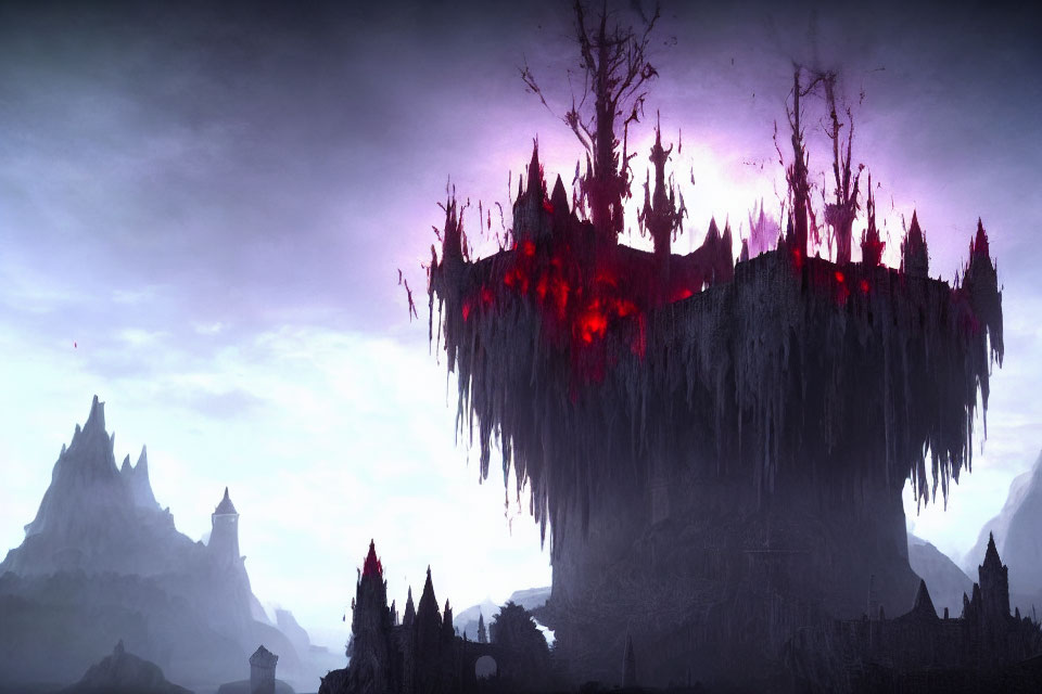 Dark castle on jagged floating island under purple glow
