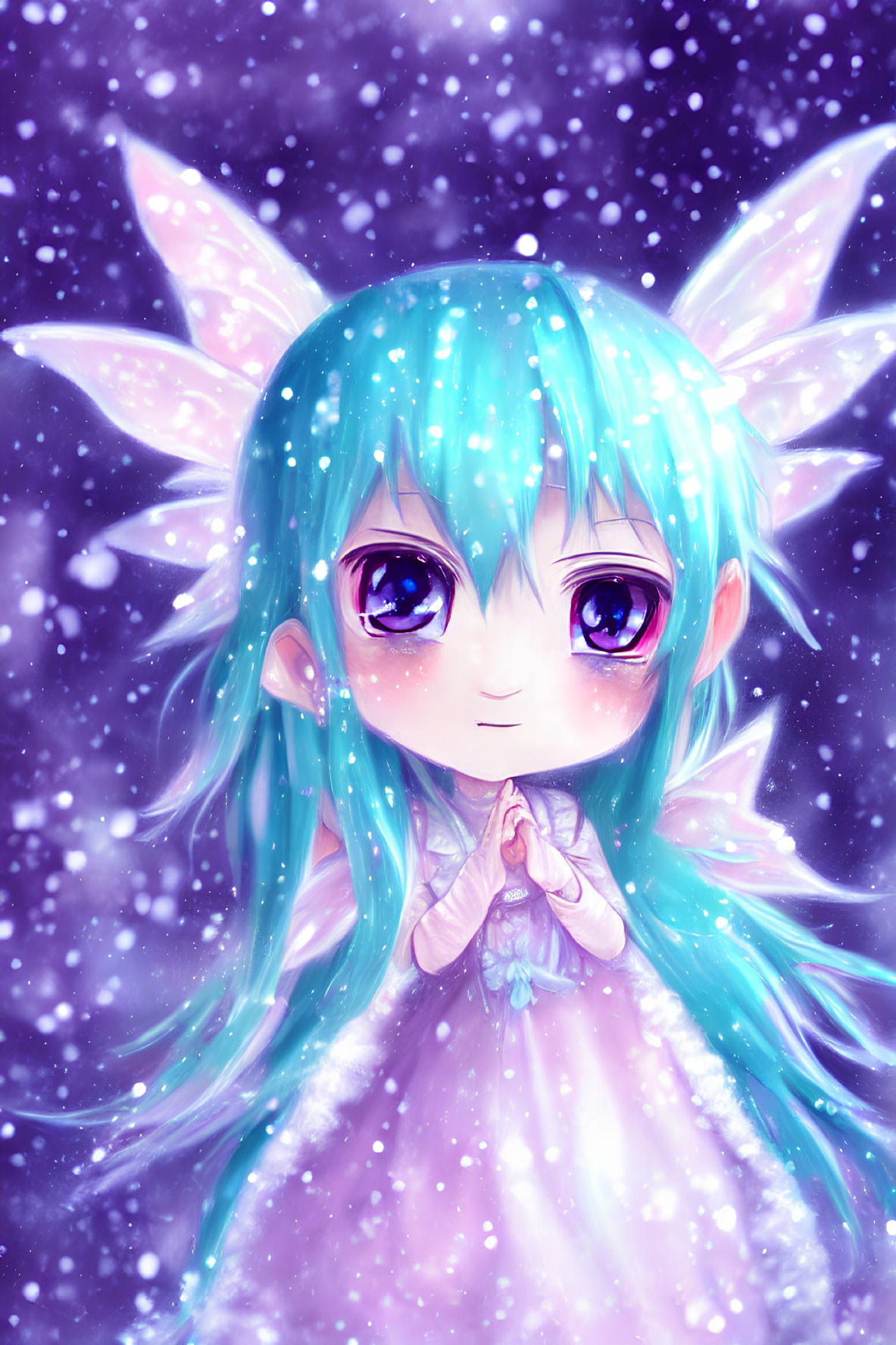 Blue-haired anime character in white dress amid snowflakes on starry backdrop