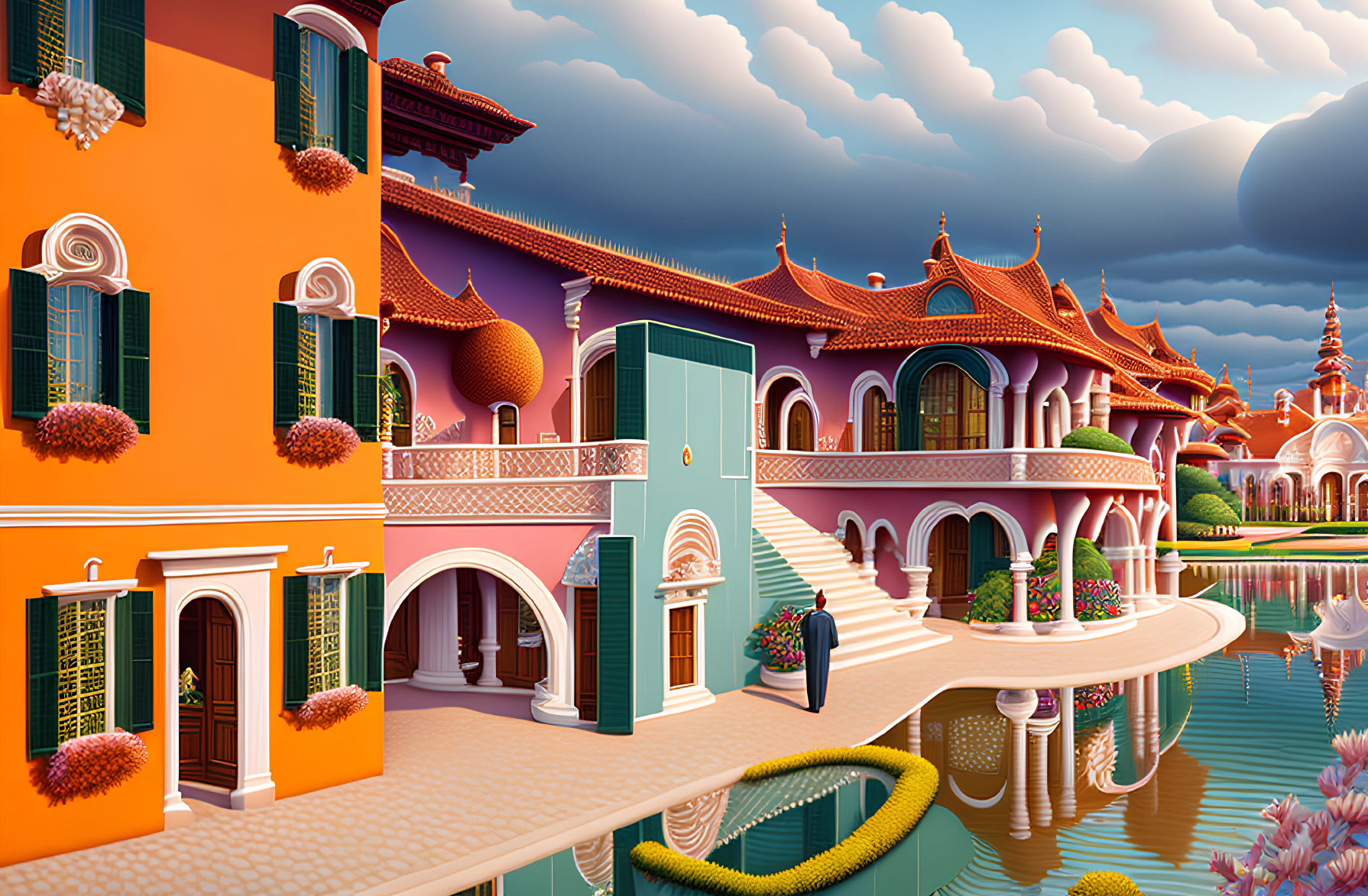 Colorful illustration of orange and pink architectural landscape with ornate buildings, reflective water, and floating green