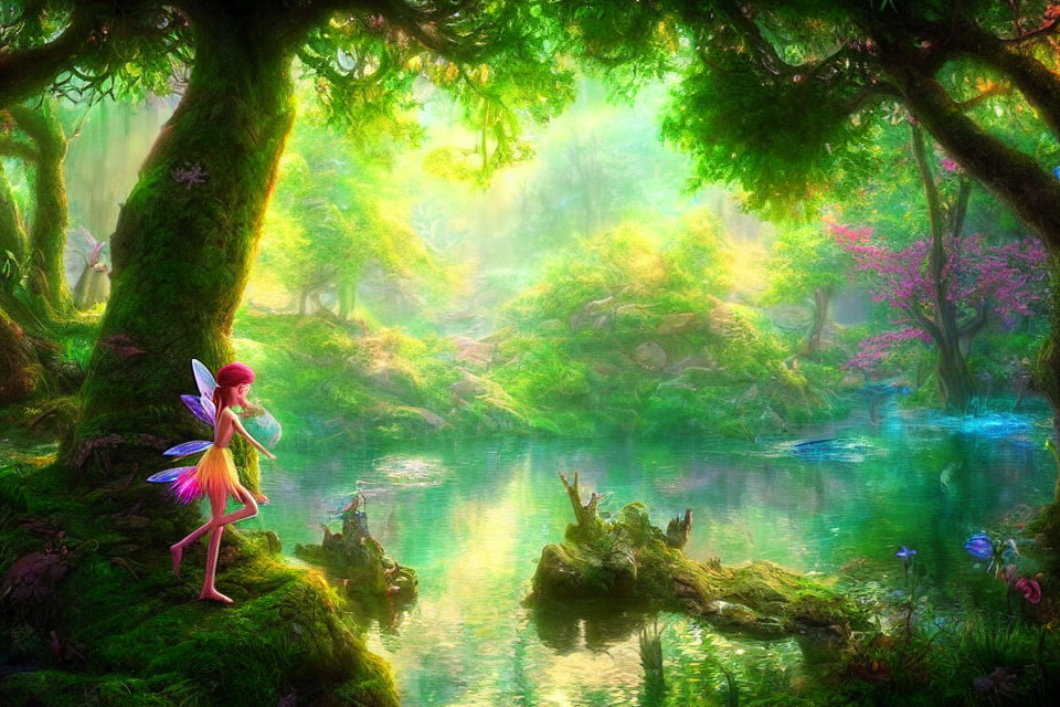 Colorful fairy in vibrant fantasy forest by serene pond surrounded by lush greenery