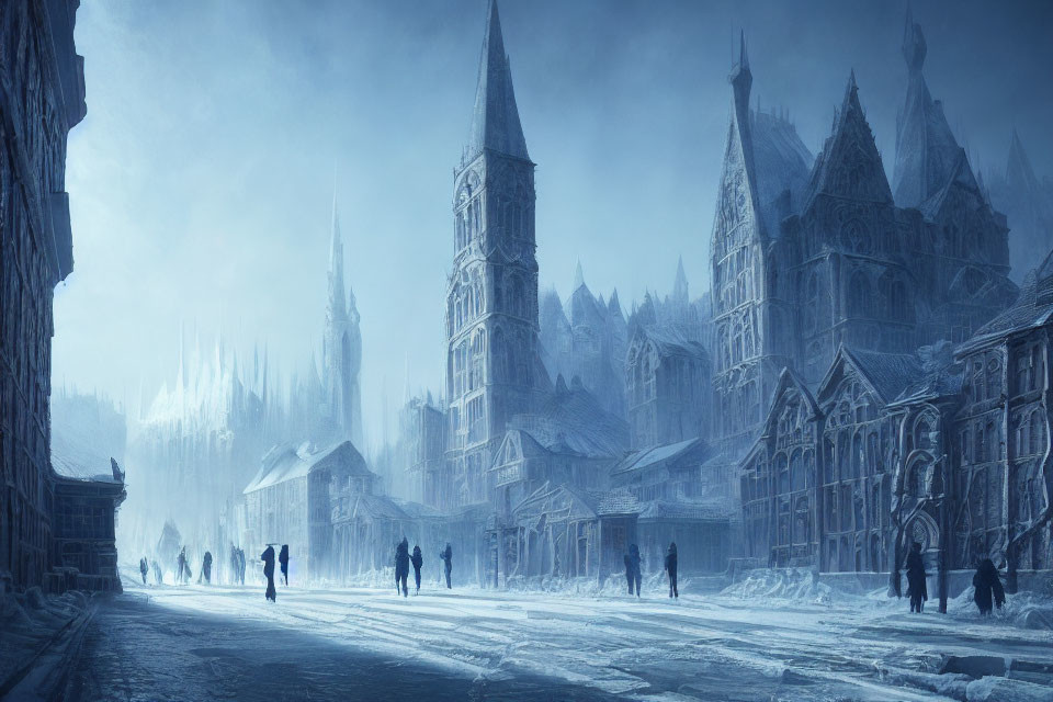 Snowy Gothic cityscape with spired buildings and misty ambiance