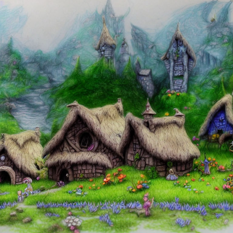 Fantasy village with thatched-roof cottages in misty mountainscape