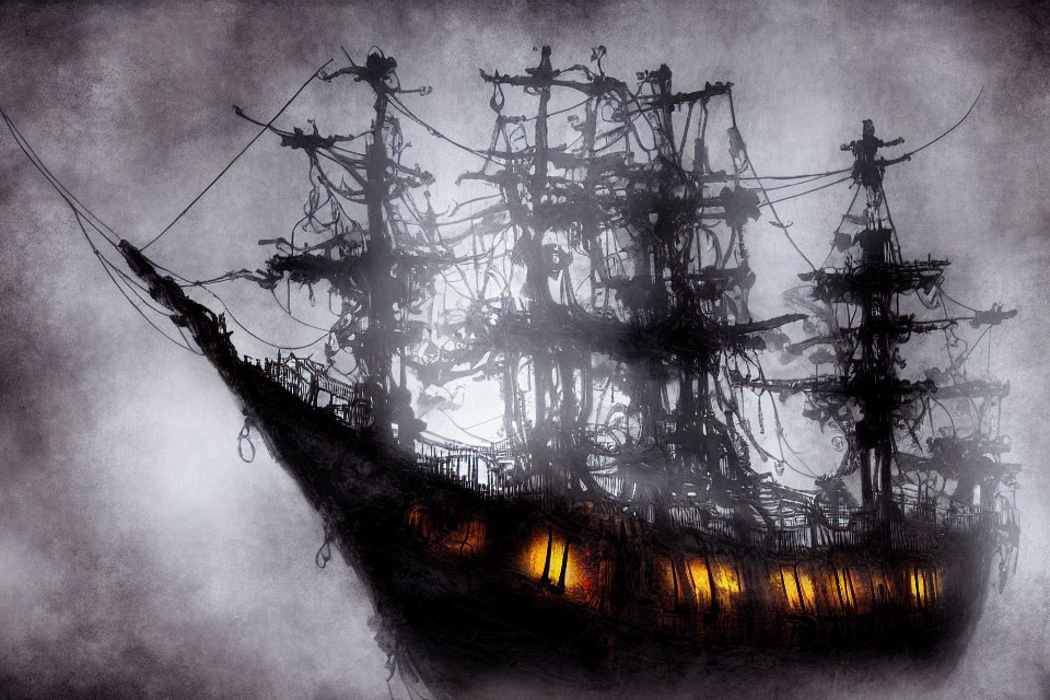 Ghostly illuminated tall ship in mist with intricate rigging