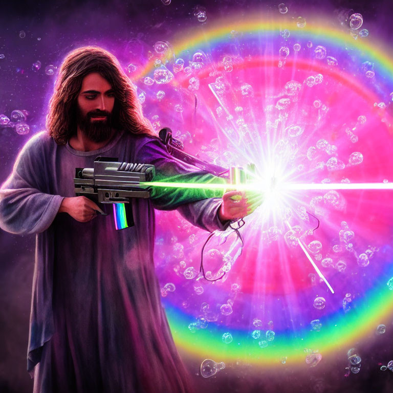 Long-haired person in robes wields futuristic gun in colorful, psychedelic setting