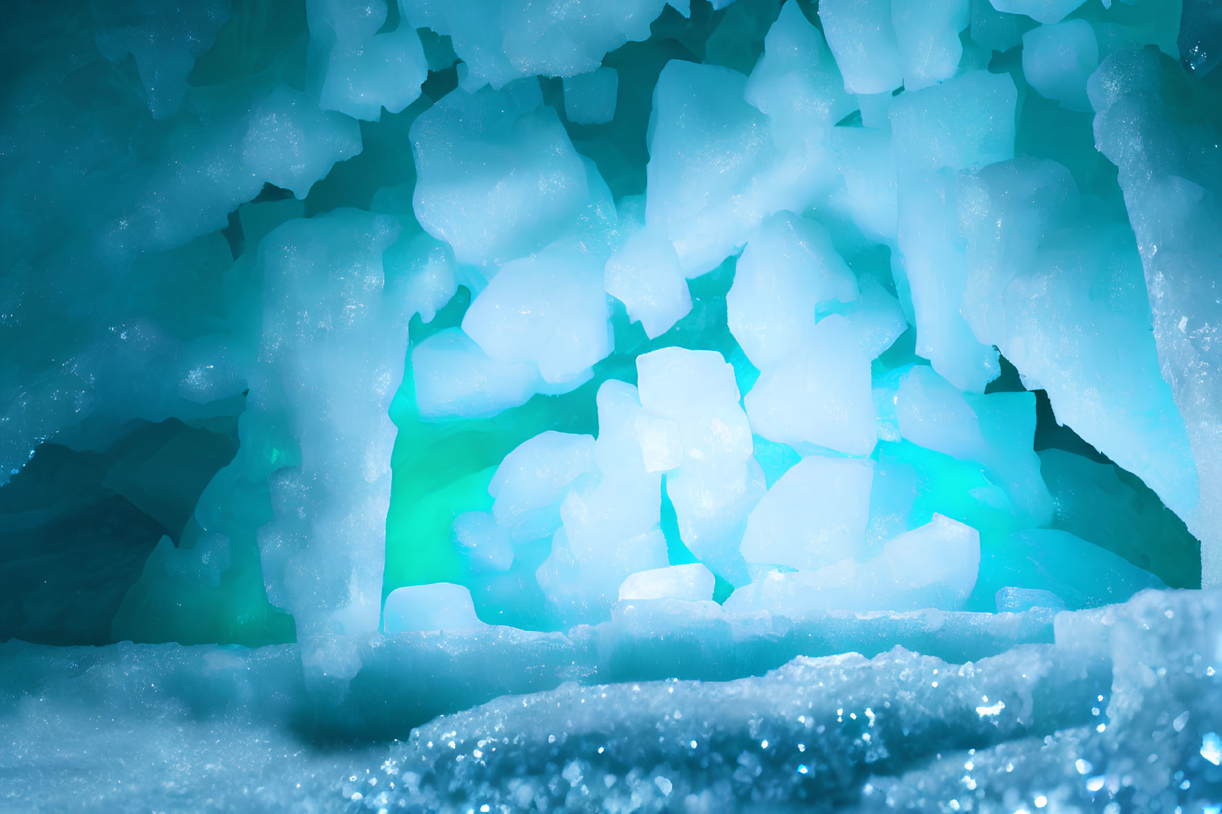 Turquoise Glow in Icy Cave with Crystalline Ice Formations