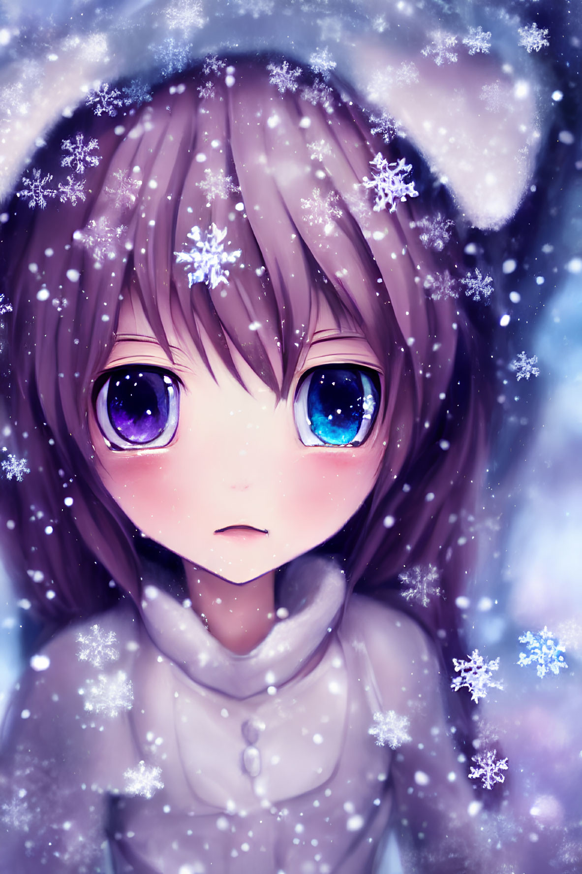 Detailed Anime Girl Illustration with Large Purple Eyes in Snowy Scene
