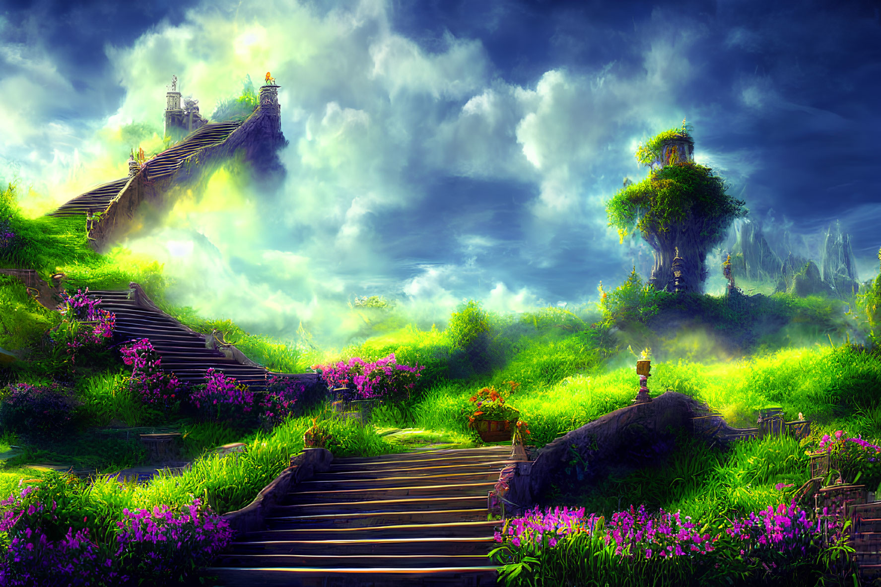 Fantasy landscape with stone staircase, castle, lush hill, greenery, flowers, dramatic sky