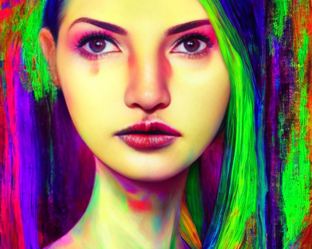 Colorful portrait of woman with rainbow hair and painted skin contrasted by deep red eyes.