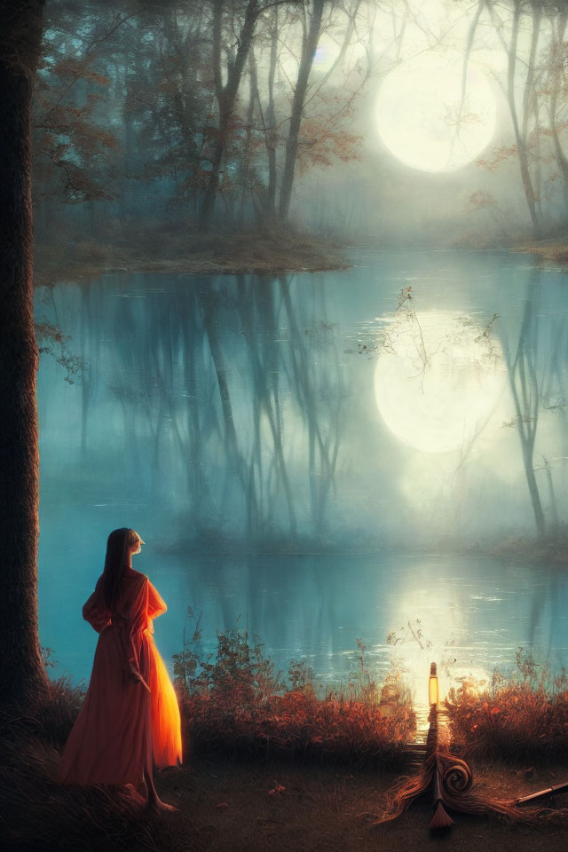 Tranquil twilight scene of woman in red cloak by misty lake