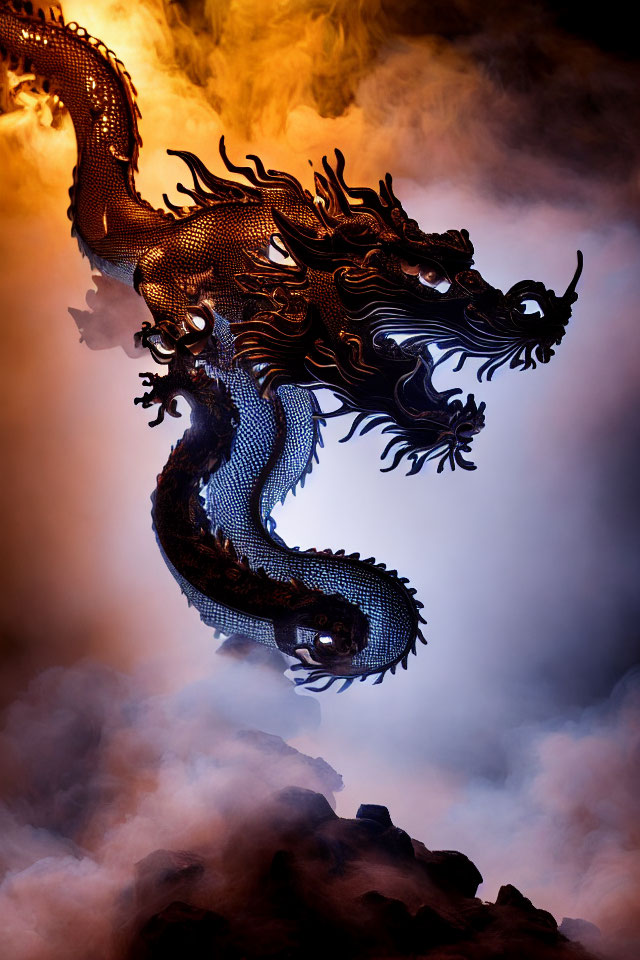 Black and Gold Dragon in Swirling Clouds Symbolizing Power