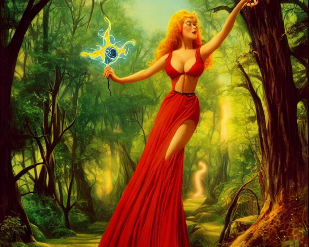 Mystical woman in red dress with glowing blue sigil in enchanted forest