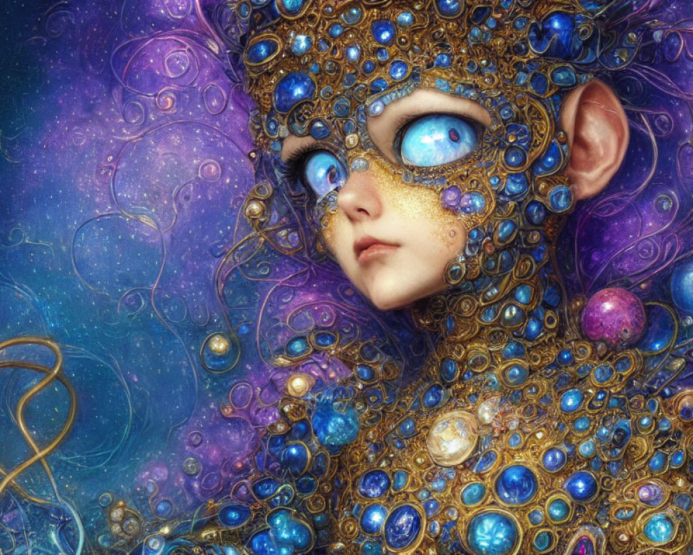 Fantastical elf-like creature with large blue eyes and ornate headdress on cosmic background