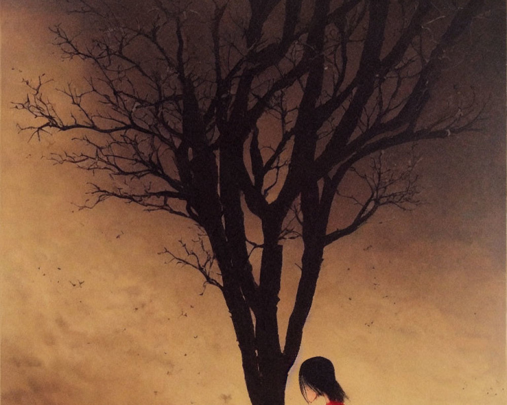Person in Red Cloak Standing Under Leafless Tree Against Moody Sepia Sky