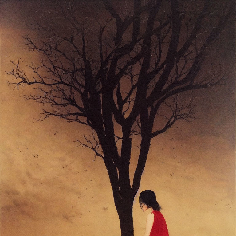 Person in Red Cloak Standing Under Leafless Tree Against Moody Sepia Sky