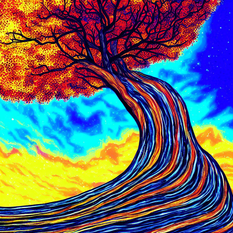 Colorful Psychedelic Tree Illustration Against Starry Sky and Clouds