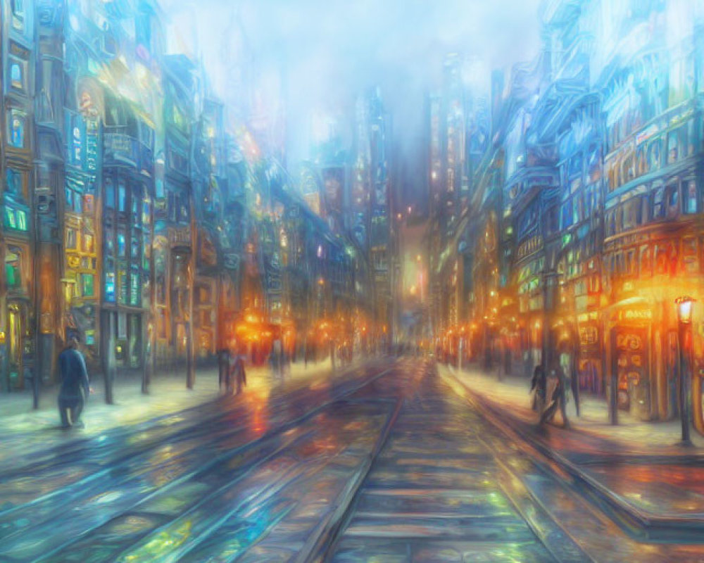 Twilight cityscape: neon lights, wet cobblestones, blurred figures walking