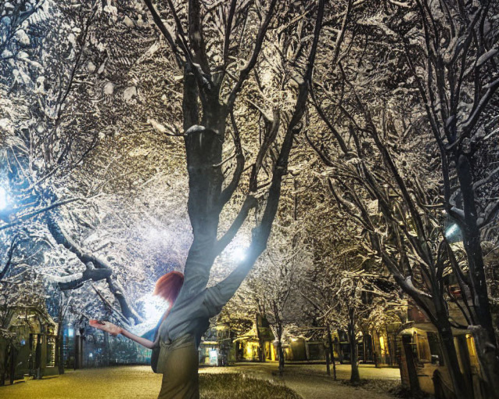Red-haired person in winter park scene with snow-covered trees and streetlights