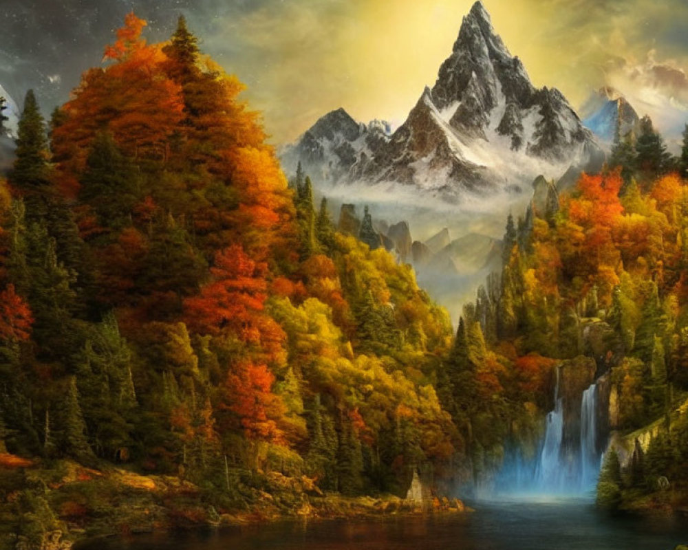 Picturesque autumn mountain landscape with vibrant forests, snowy peak, and serene waterfall