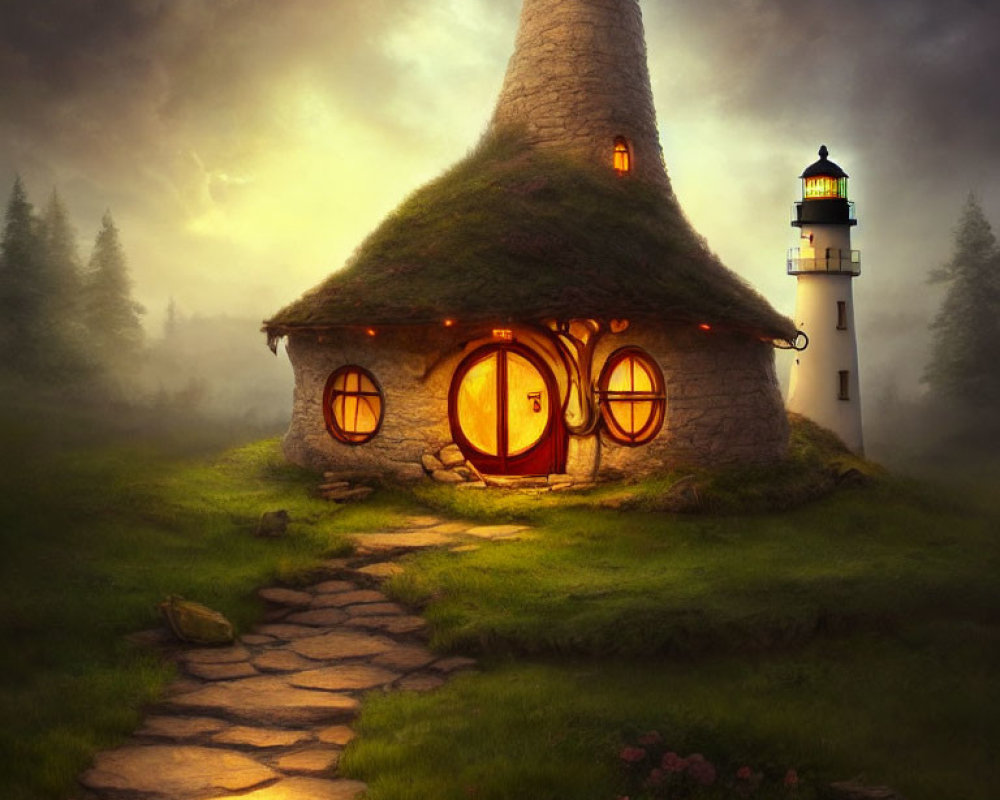 Whimsical cottage with lighthouse tower in misty landscape