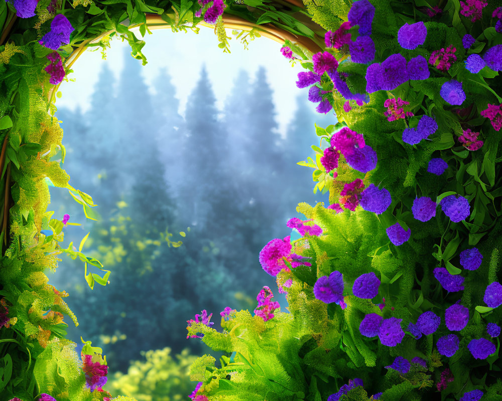 Circular floral archway frames misty green forest with purple flowers.