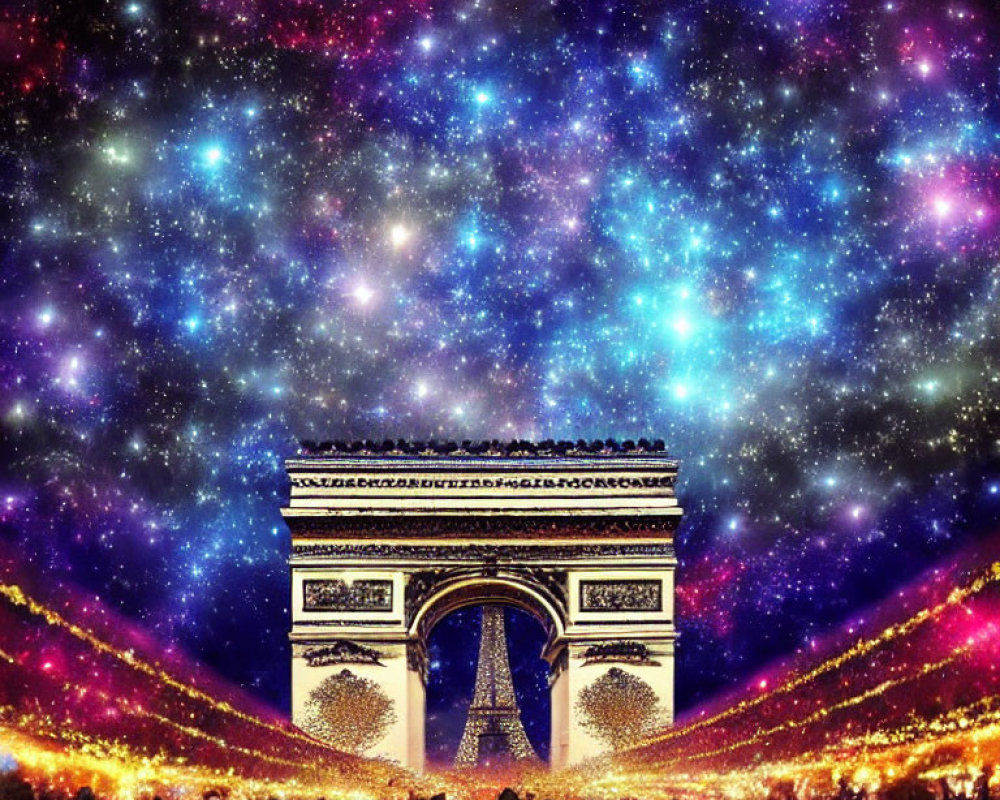 Iconic Arc de Triomphe under starry galaxy sky with bustling crowd and golden lights