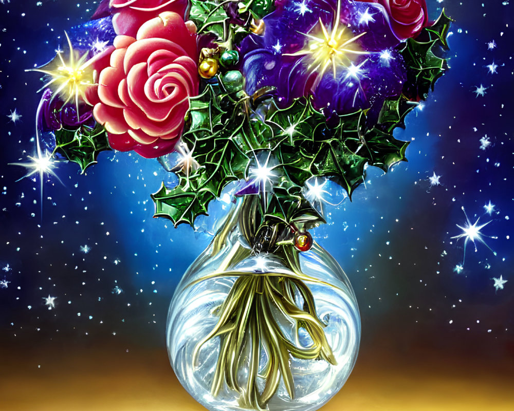 Colorful Rose Bouquet in Glass Vase under Starry Night Sky