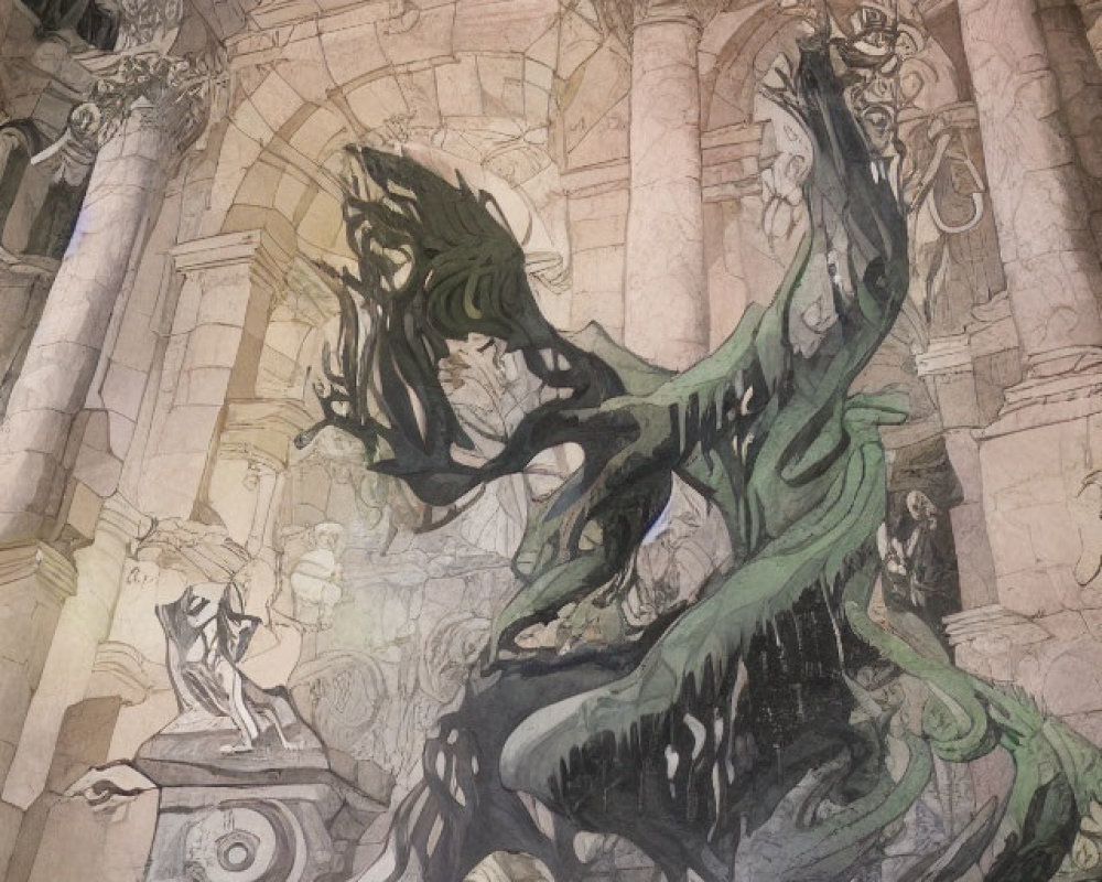 Stylized female figure mural with flowing hair and shadowy beasts