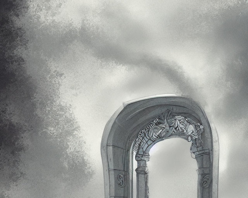 Stylized stone archway with intricate carvings in misty setting
