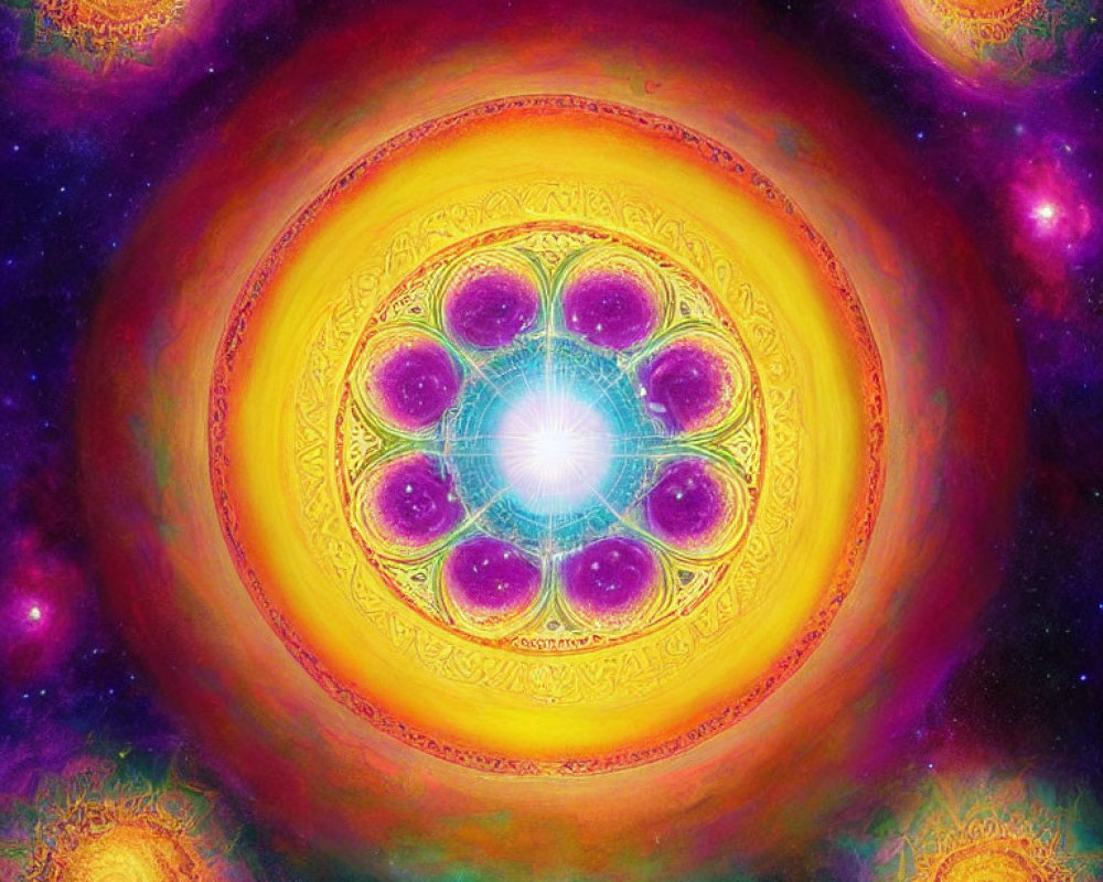 Colorful Digital Mandala with White Core and Cosmic Background