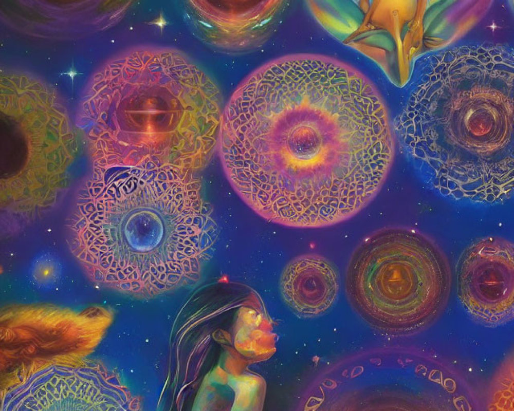 Cosmic mandala art with human figures in mystical setting