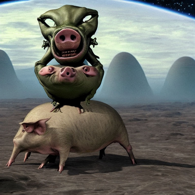Surreal image of three pigs stacked with shared limbs in alien landscape