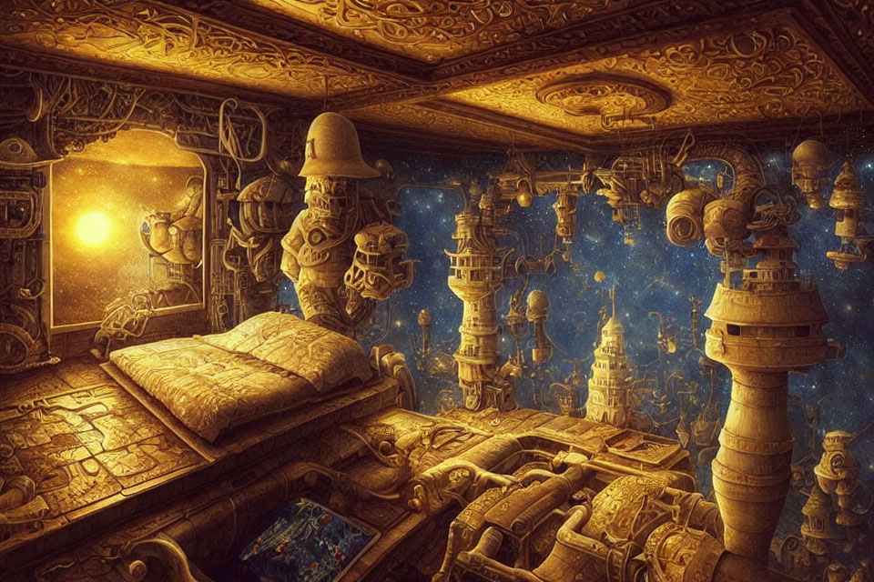 Ornate Gold Details, Floating Chess Pieces, Glowing Window, Open Book in Celestial Room