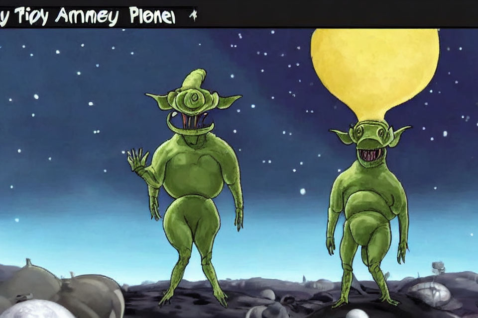 Two green alien characters with oversized heads waving under a starry sky and large yellow moon on rocky terrain