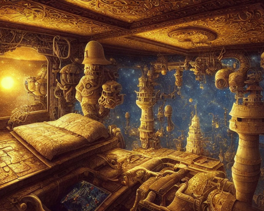 Ornate Gold Details, Floating Chess Pieces, Glowing Window, Open Book in Celestial Room