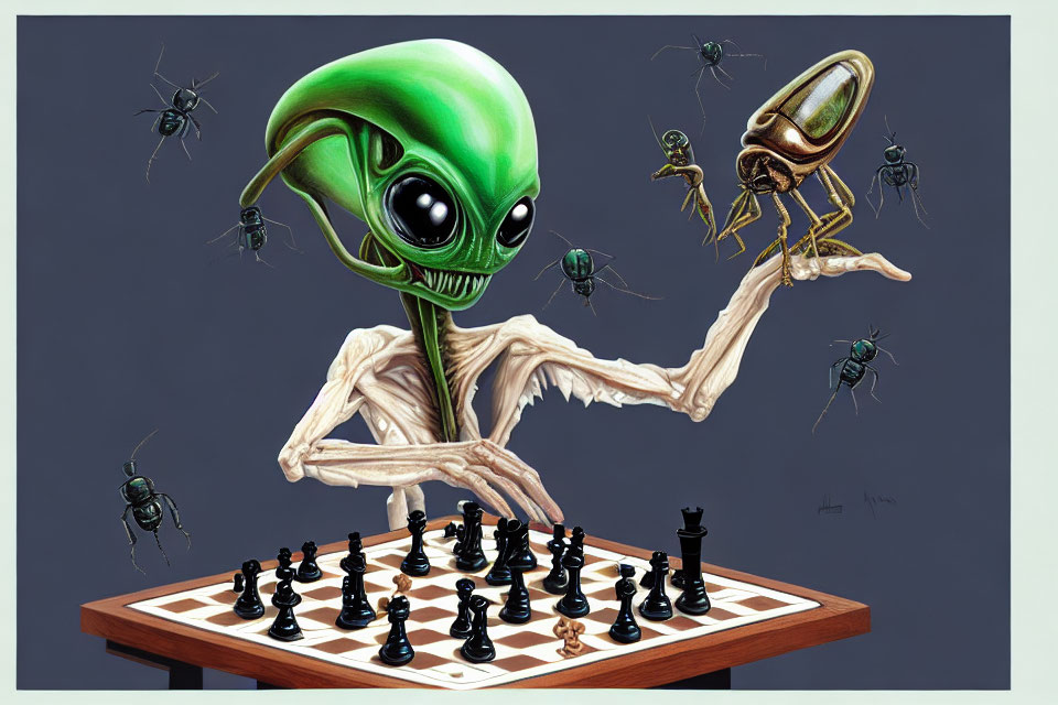 Green alien playing chess with a beetle surrounded by insects on gray background