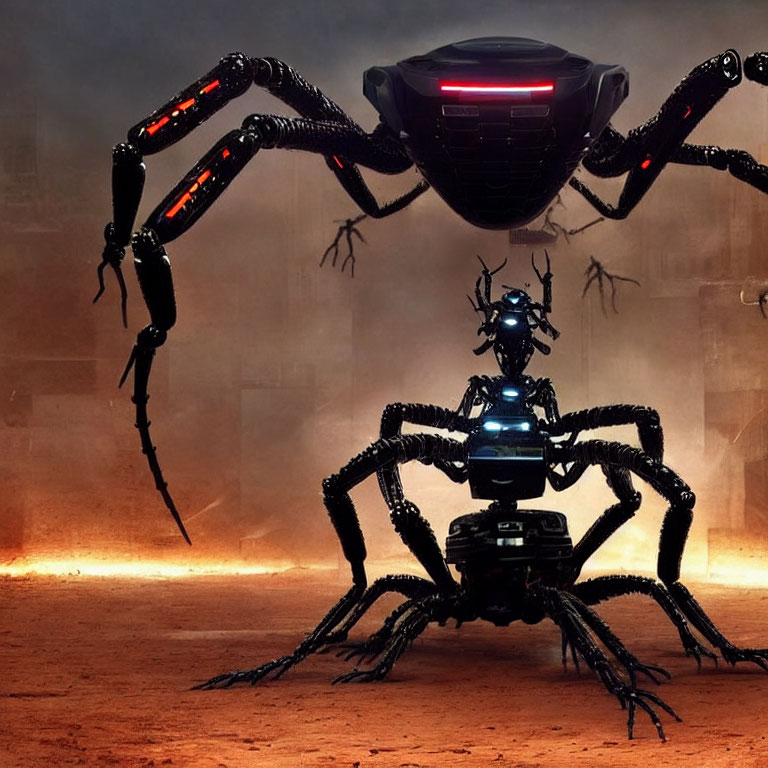 Two robotic spiders in a dusty setting: large red-eyed spider behind, smaller one with blue lights in