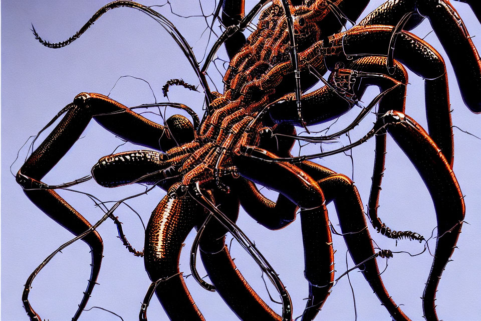 Detailed Mechanical Spider Entity Against Clear Blue Sky