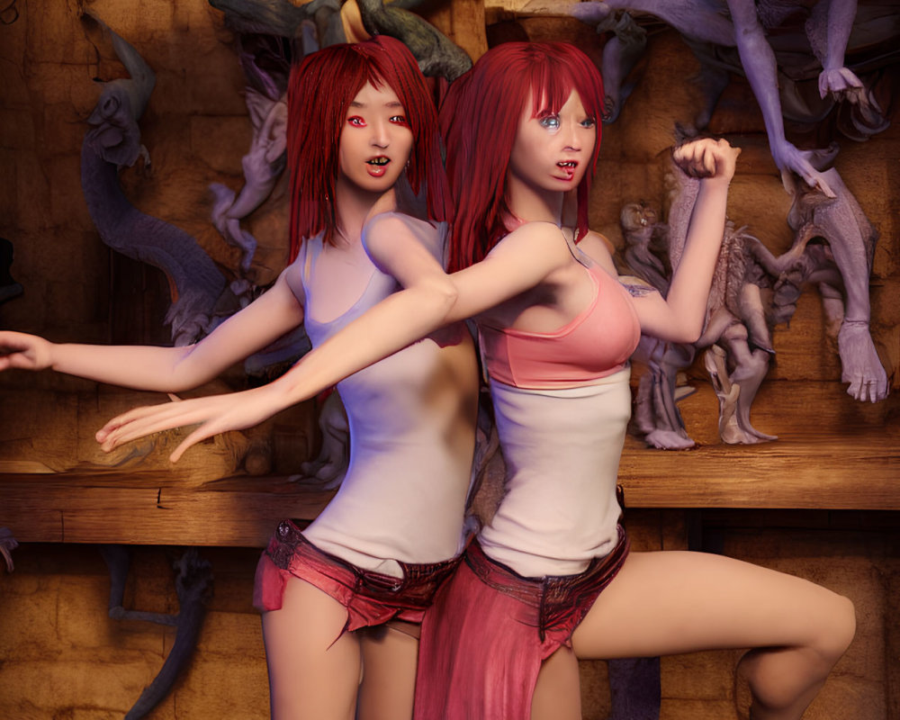Two red-haired animated characters in matching outfits pose in a room with gargoyle statues