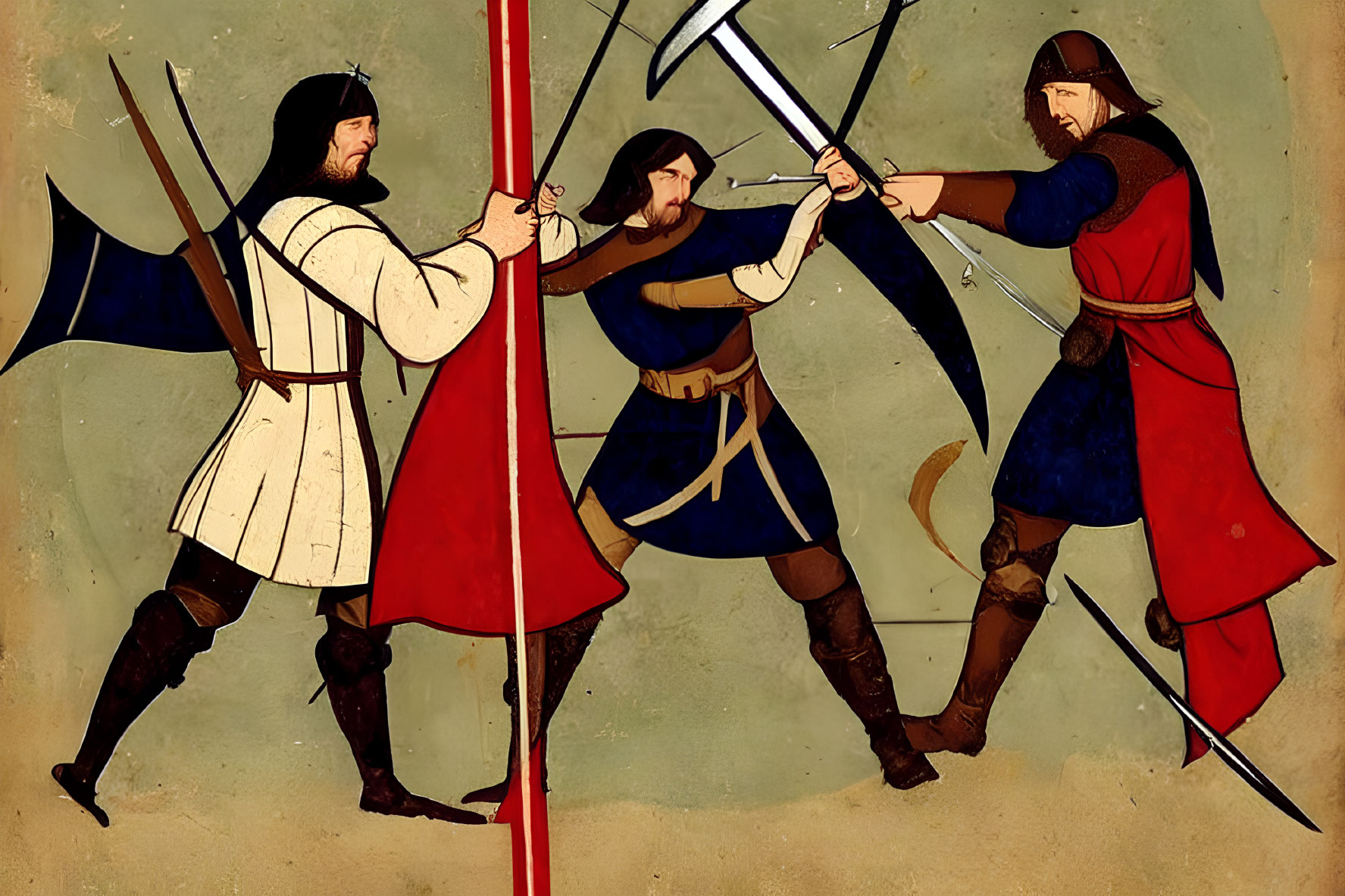 Medieval knights with swords and capes in combat stance on beige background