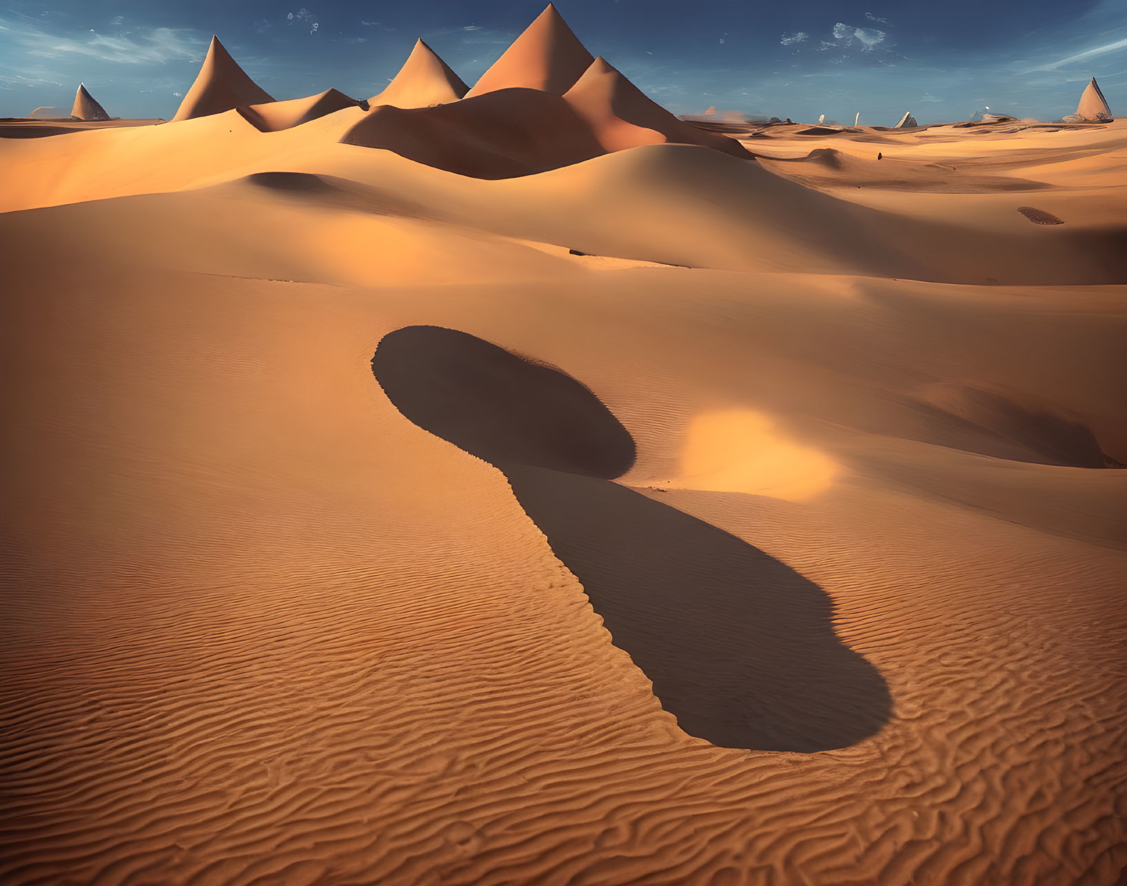 Vast desert landscape with warm sunset hues and rippled sand dunes