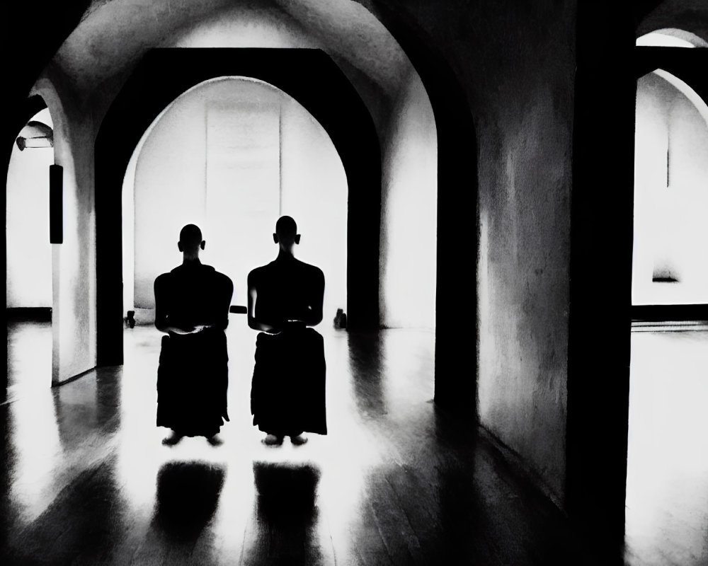 Silhouetted figures in black and white interior with arched doorways
