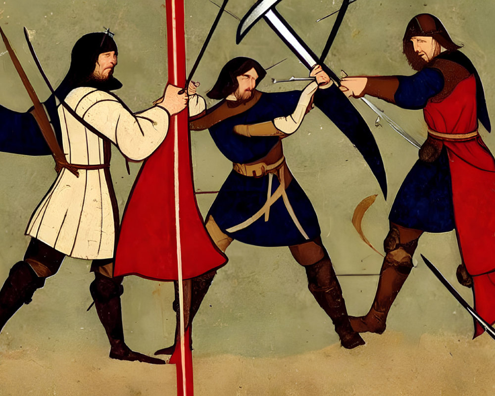 Medieval knights with swords and capes in combat stance on beige background
